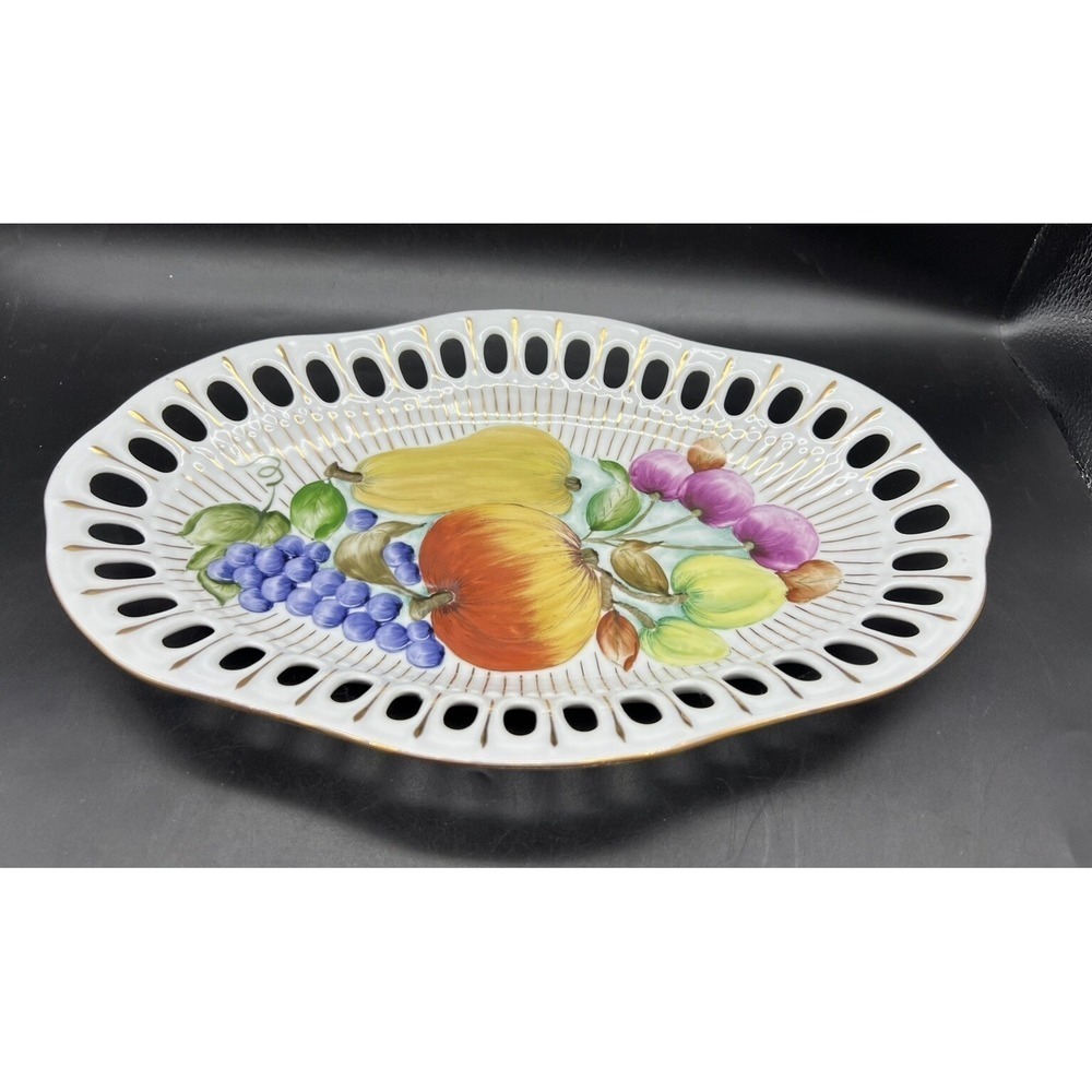VTG Iris Reticulated Porcelain Raised Fruit Oval Bowl Dish Gold 13" Signed